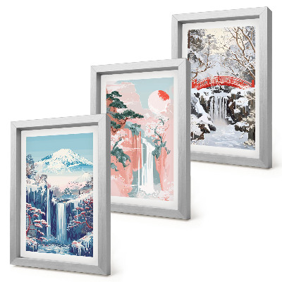 Ensemble de 3 tableaux Paysages de montagne et cascades aux différentes saisons