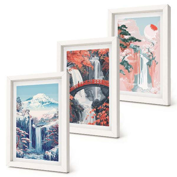 Mur de cadres Montagnes avec cascades, pont et arbres en fleurs