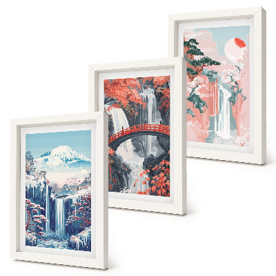 Mur de cadres Montagnes avec cascades, pont et arbres en fleurs