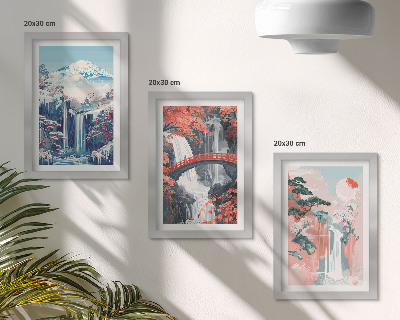 Mur de cadres Montagnes avec cascades, pont et arbres en fleurs