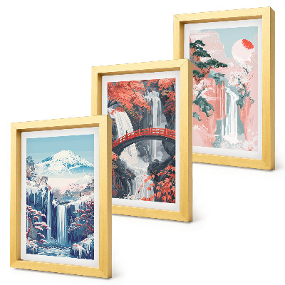 Mur de cadres Montagnes avec cascades, pont et arbres en fleurs