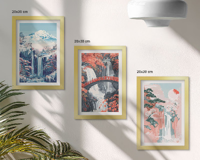 Mur de cadres Montagnes avec cascades, pont et arbres en fleurs