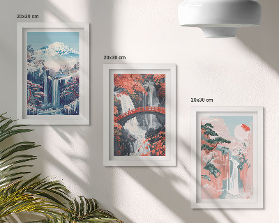 Mur de cadres Montagnes avec cascades, pont et arbres en fleurs