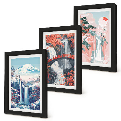 Mur de cadres Montagnes avec cascades, pont et arbres en fleurs