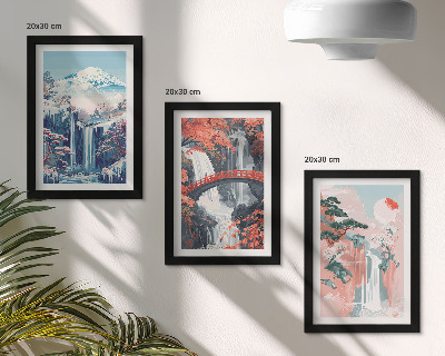Mur de cadres Montagnes avec cascades, pont et arbres en fleurs