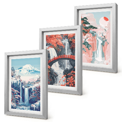 Mur de cadres Montagnes avec cascades, pont et arbres en fleurs