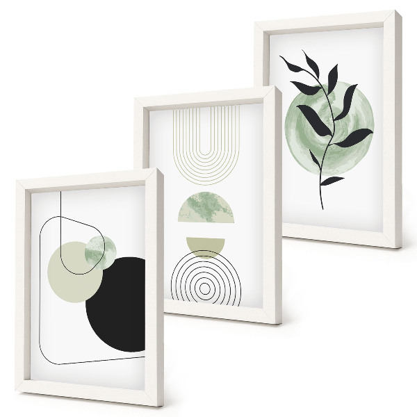 Ensemble de 3 tableaux Formes abstraites et motifs végétaux en vert
