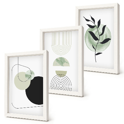 Ensemble de 3 tableaux Formes abstraites et motifs végétaux en vert