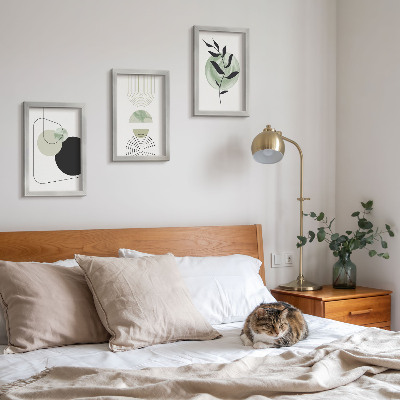 Ensemble de 3 tableaux Formes abstraites et motifs végétaux en vert