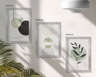 Ensemble de 3 tableaux Formes abstraites et motifs végétaux en vert