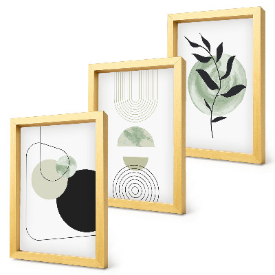 Ensemble de 3 tableaux Formes abstraites et motifs végétaux en vert