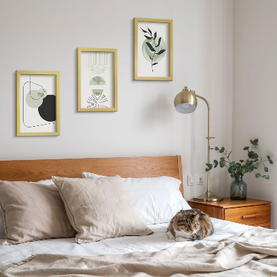 Ensemble de 3 tableaux Formes abstraites et motifs végétaux en vert