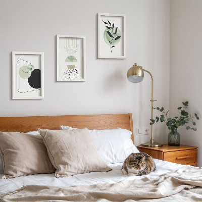 Ensemble de 3 tableaux Formes abstraites et motifs végétaux en vert