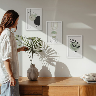 Ensemble de 3 tableaux Formes abstraites et motifs végétaux en vert