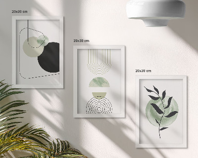 Ensemble de 3 tableaux Formes abstraites et motifs végétaux en vert