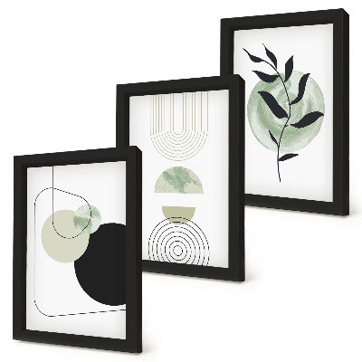 Ensemble de 3 tableaux Formes abstraites et motifs végétaux en vert