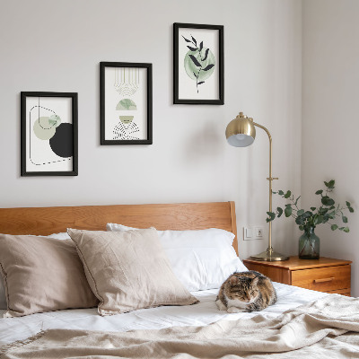 Ensemble de 3 tableaux Formes abstraites et motifs végétaux en vert