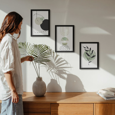 Ensemble de 3 tableaux Formes abstraites et motifs végétaux en vert