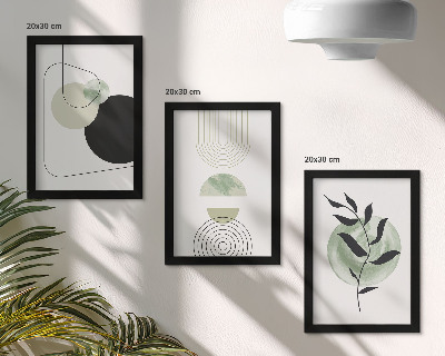 Ensemble de 3 tableaux Formes abstraites et motifs végétaux en vert