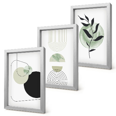 Ensemble de 3 tableaux Formes abstraites et motifs végétaux en vert