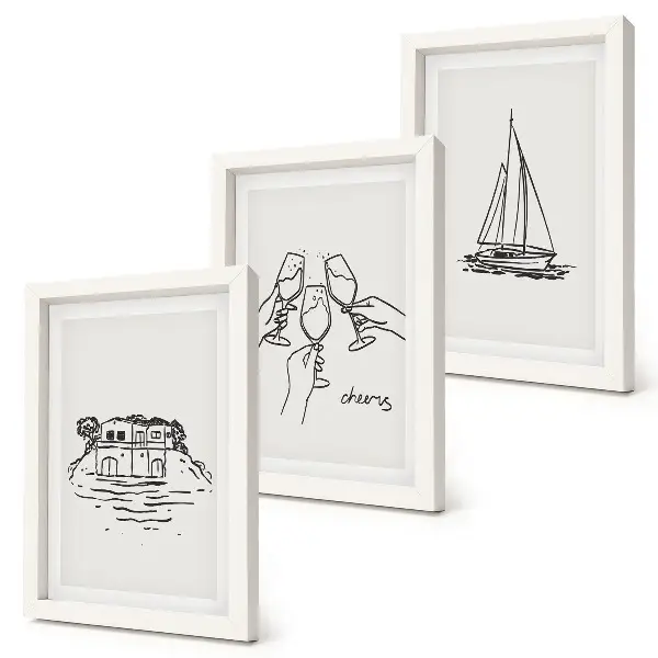 Ensemble de 3 tableaux vue de la maison au bord de l'eau, toast avec verres et voilier