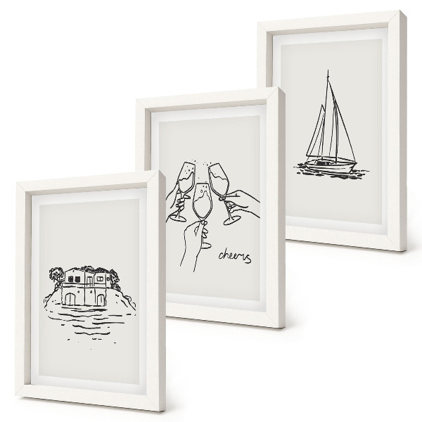 Ensemble de 3 tableaux Vue de la maison au bord de l'eau, toast avec verres, voilier