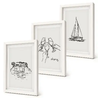 Ensemble de 3 tableaux vue de la maison au bord de l'eau, toast avec verres et voilier