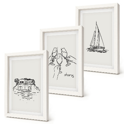 Ensemble de 3 tableaux Vue de la maison au bord de l'eau, toast avec verres, voilier