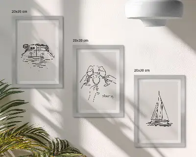 Ensemble de 3 tableaux vue de la maison au bord de l'eau, toast avec verres et voilier