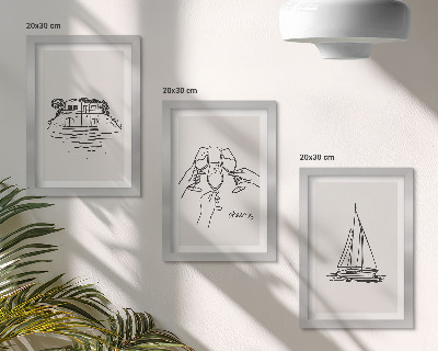 Ensemble de 3 tableaux Vue de la maison au bord de l'eau, toast avec verres, voilier