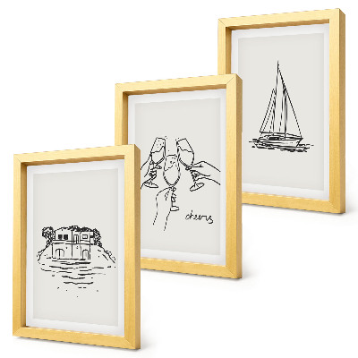 Ensemble de 3 tableaux Vue de la maison au bord de l'eau, toast avec verres, voilier