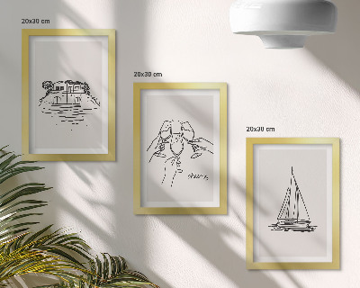 Ensemble de 3 tableaux Vue de la maison au bord de l'eau, toast avec verres, voilier
