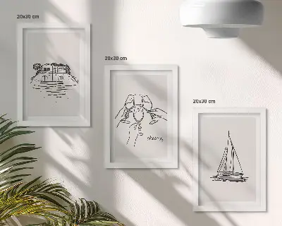Ensemble de 3 tableaux vue de la maison au bord de l'eau, toast avec verres et voilier