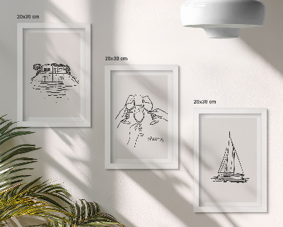 Ensemble de 3 tableaux Vue de la maison au bord de l'eau, toast avec verres, voilier