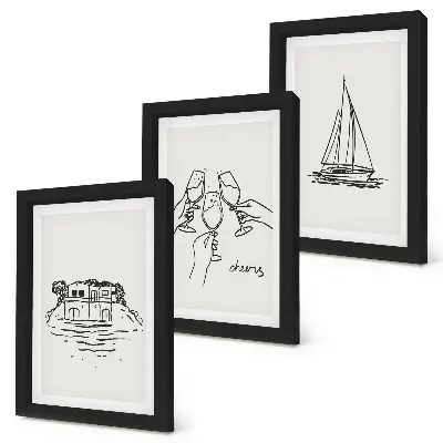 Ensemble de 3 tableaux vue de la maison au bord de l'eau, toast avec verres et voilier