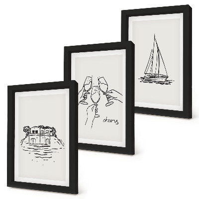 Ensemble de 3 tableaux Vue de la maison au bord de l'eau, toast avec verres, voilier