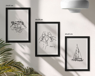 Ensemble de 3 tableaux Vue de la maison au bord de l'eau, toast avec verres, voilier