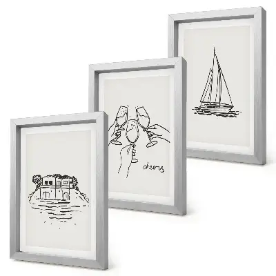 Ensemble de 3 tableaux vue de la maison au bord de l'eau, toast avec verres et voilier