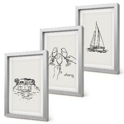 Ensemble de 3 tableaux Vue de la maison au bord de l'eau, toast avec verres, voilier
