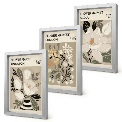Ensemble de 3 tableaux fleurs rétro de villes du monde
