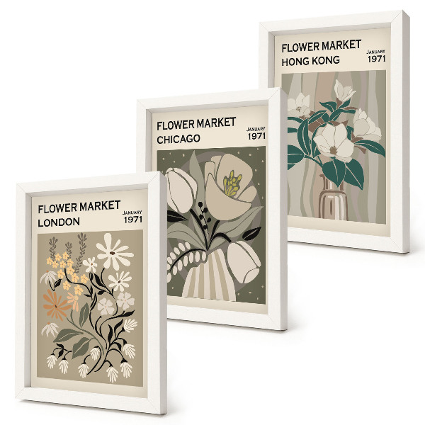 Lot de 3 tableaux Marchés aux fleurs de Londres, Chicago et Hong Kong
