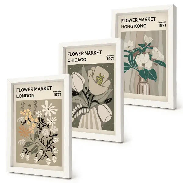 Lot de 3 tableaux représentant les marchés aux fleurs de Londres, Chicago et Hong Kong