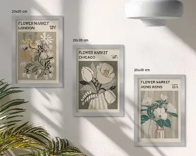 Lot de 3 tableaux représentant les marchés aux fleurs de Londres, Chicago et Hong Kong