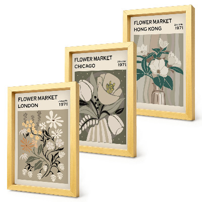 Lot de 3 tableaux Marchés aux fleurs de Londres, Chicago et Hong Kong