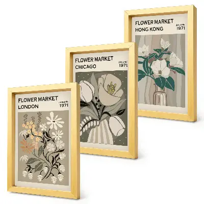 Lot de 3 tableaux représentant les marchés aux fleurs de Londres, Chicago et Hong Kong