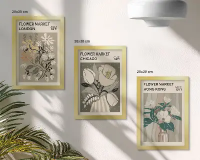 Lot de 3 tableaux représentant les marchés aux fleurs de Londres, Chicago et Hong Kong