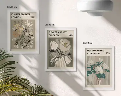 Lot de 3 tableaux représentant les marchés aux fleurs de Londres, Chicago et Hong Kong