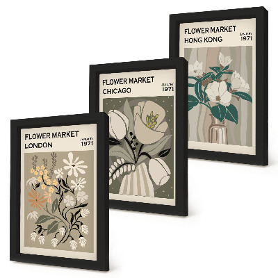 Lot de 3 tableaux Marchés aux fleurs de Londres, Chicago et Hong Kong