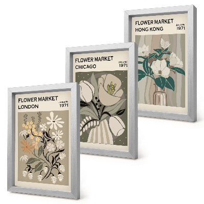 Lot de 3 tableaux Marchés aux fleurs de Londres, Chicago et Hong Kong