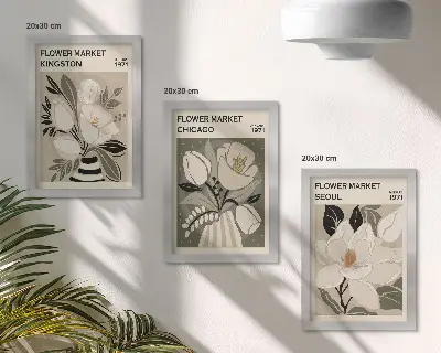 Ensemble de 3 tableaux représentant des fleurs des marchés de Kingston, Chicago et Séoul dans un style rétro